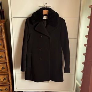 Sandro black wool coat double breasted with detachable fur collar 36